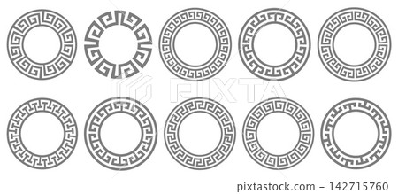Greek circular pattern frame with Roman ornament and intricate meander design. Round vector border ring in neoclassical geometric style with elegant antique decorative elements. Greek circular pattern frame with Roman ornament and intricate meander design. Round vector border ring in neoclassical geometric style with elegant antique decorative elements. 142715760