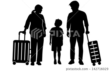 一家三口手提行李的剪影;旅行/回家的畫面。 一家三口手提行李的剪影;旅行/回家的畫面。 142716029