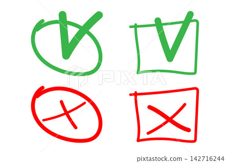 Check mark and cross icon signs. Grunge hand drawn tick check and cross mark. Brush drawn symbols OK, YES and NO, X. Tick V and cross X for check box. True, false icons. Vector illustration. Eps 10. Check mark and cross icon signs. Grunge hand drawn tick check and cross mark. Brush drawn symbols OK, YES and NO, X. Tick V and cross X for check box. True, false icons. Vector illustration. Eps 10. 142716244