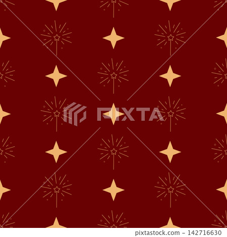 Seamless deep red background with alternating gold stars and sparkling firework bursts 142716630