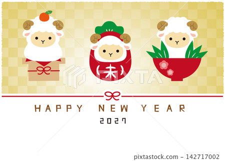 2027年羊年新年賀卡:日式風格的綿羊插圖和金色方格圖案;兩個吉祥的象徵。 2027年羊年新年賀卡:日式風格的綿羊插圖和金色方格圖案;兩個吉祥的象徵。 142717002