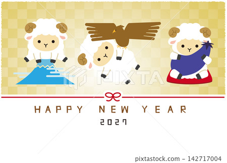 2027羊年新年賀卡:日式綿羊插畫,金色方格圖案;新年第一個夢想。 2027羊年新年賀卡:日式綿羊插畫,金色方格圖案;新年第一個夢想。 142717004