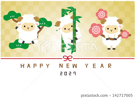 New Year's card for the Year of the Sheep, 2027: Japanese-style illustration of a sheep with a golden checkered pattern, featuring a sheep with pine, bamboo, and plum motifs. New Year's card for the Year of the Sheep, 2027: Japanese-style illustration of a sheep with a golden checkered pattern, featuring a sheep with pine, bamboo, and plum motifs. 142717005