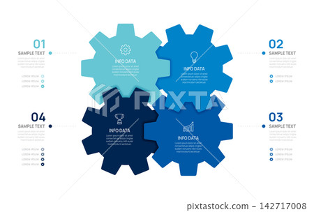 Business Infographic Gear 4 step Mechanical Workflow Template, presentation with icons diagram elements vector illustration. Business Infographic Gear 4 step Mechanical Workflow Template, presentation with icons diagram elements vector illustration. 142717008