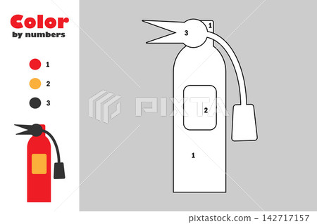 Fire extinguisher in cartoon style, color by number, education paper game for the development of children, coloring page, kids preschool activity, printable worksheet, vector illustration Fire extinguisher in cartoon style, color by number, education paper game for the development of children, coloring page, kids preschool activity, printable worksheet, vector illustration 142717157