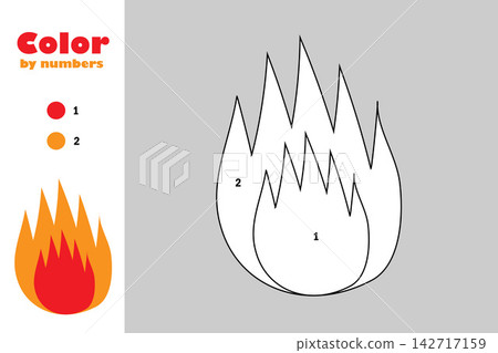 Fire in cartoon style, color by number, education paper game for the development of children, coloring page, kids preschool activity, printable worksheet, vector illustration Fire in cartoon style, color by number, education paper game for the development of children, coloring page, kids preschool activity, printable worksheet, vector illustration 142717159