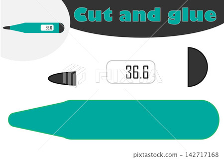 Thermometer in cartoon style, education game for the development of preschool children, use scissors and glue to create the applique, cut parts of the image and glue on the paper, vector illustration Thermometer in cartoon style, education game for the development of preschool children, use scissors and glue to create the applique, cut parts of the image and glue on the paper, vector illustration 142717168