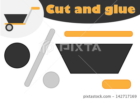 Wheelbarrow in cartoon style, education game for the development of preschool children, use scissors and glue to create the applique, cut parts of the image and glue on the paper, vector illustration Wheelbarrow in cartoon style, education game for the development of preschool children, use scissors and glue to create the applique, cut parts of the image and glue on the paper, vector illustration 142717169