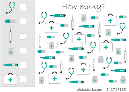 How many counting game with medical pictures for kids, educational maths task for the development of logical thinking, preschool worksheet activity, count and choose the result, vector illustration How many counting game with medical pictures for kids, educational maths task for the development of logical thinking, preschool worksheet activity, count and choose the result, vector illustration 142717185