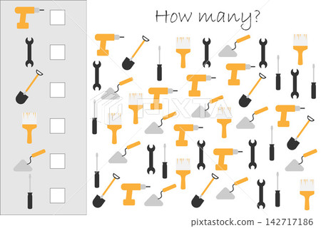 How many counting game with construction pictures for kids, educational maths task for the development of logical thinking, preschool worksheet activity, count and write result, vector illustration How many counting game with construction pictures for kids, educational maths task for the development of logical thinking, preschool worksheet activity, count and write result, vector illustration 142717186