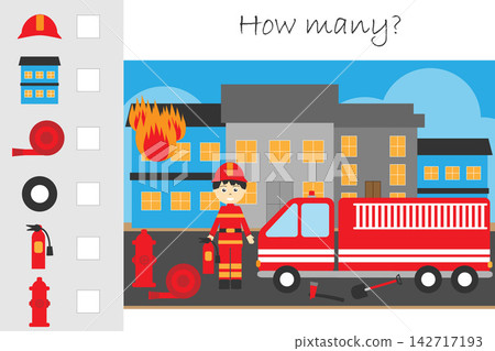 How many counting game, fire and fireman for kids, educational maths task for the development of logical thinking, preschool worksheet activity, count and write the result, vector illustration How many counting game, fire and fireman for kids, educational maths task for the development of logical thinking, preschool worksheet activity, count and write the result, vector illustration 142717193