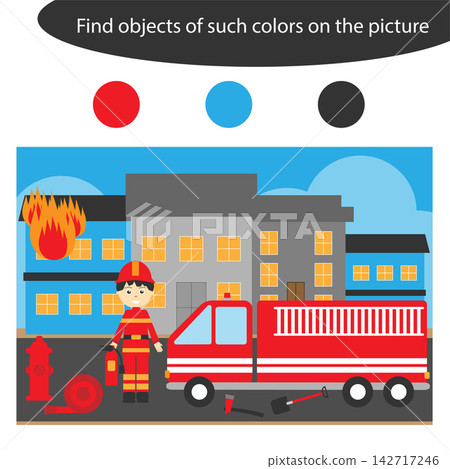 Find objects of same colors, fireman game for children in cartoon style, education game for kids, preschool worksheet activity, task for the development of logical thinking, vector illustration Find objects of same colors, fireman game for children in cartoon style, education game for kids, preschool worksheet activity, task for the development of logical thinking, vector illustration 142717246