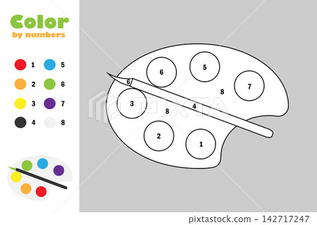 Palette in cartoon style, color by number, education paper game for the development of children, coloring page, kids preschool activity, printable worksheet, vector illustration 142717247