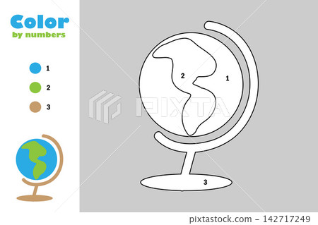 Globe in cartoon style, color by number, education paper game for the development of children, coloring page, kids preschool activity, printable worksheet, vector illustration Globe in cartoon style, color by number, education paper game for the development of children, coloring page, kids preschool activity, printable worksheet, vector illustration 142717249