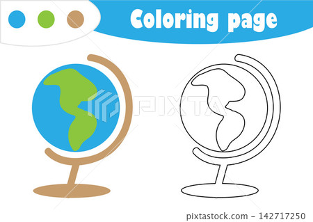 Globe in cartoon style, coloring page, education paper game for the development of children, kids preschool activity, printable worksheet, vector illustration 142717250