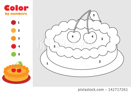 Pie in cartoon style, color by number, education paper game for the development of children, coloring page, kids preschool activity, printable worksheet, vector illustration Pie in cartoon style, color by number, education paper game for the development of children, coloring page, kids preschool activity, printable worksheet, vector illustration 142717261