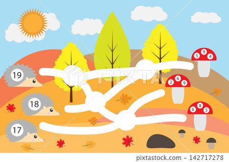 Maths game for children, lead hedgehogs through labyrinth to correct amanitas, education maze game for kids, school worksheet activity, task for development of logical thinking, vector illustration Maths game for children, lead hedgehogs through labyrinth to correct amanitas, education maze game for kids, school worksheet activity, task for development of logical thinking, vector illustration 142717278