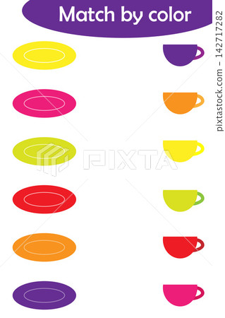 Matching game for children, connect colorful plates with same color caps, preschool worksheet activity for kids, task for the development of logical thinking, vector illustration Matching game for children, connect colorful plates with same color caps, preschool worksheet activity for kids, task for the development of logical thinking, vector illustration 142717282