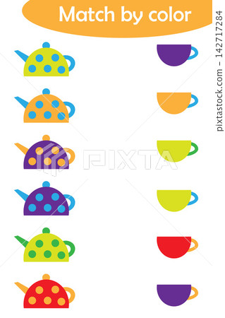 Matching game for children, connect colorful kettles with same color caps, preschool worksheet activity for kids, task for the development of logical thinking, vector illustration 142717284