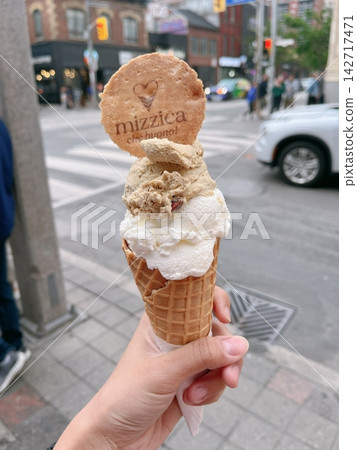 Creamy ice cream scooped into a crunchy waffle cone, melting slightly under warm sunlight. The perfect treat with classic flavors and a nostalgic touch. Creamy ice cream scooped into a crunchy waffle cone, melting slightly under warm sunlight. The perfect treat with classic flavors and a nostalgic touch. 142717471