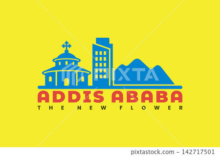 Addis Ababa skyline silhouette template with church building and mountain element in bright blue and yellow. Addis Ababa skyline silhouette template with church building and mountain element in bright blue and yellow. 142717501