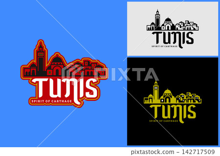 Tunis city skyline emblem sets featuring traditional mosque minaret and historical architecture on blue background. 142717509