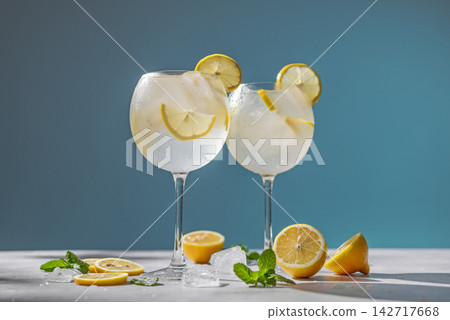 Limoncello Spritz Cocktails in Wine Glasses with Lemon, Ice and Mint on Blue Background 142717668