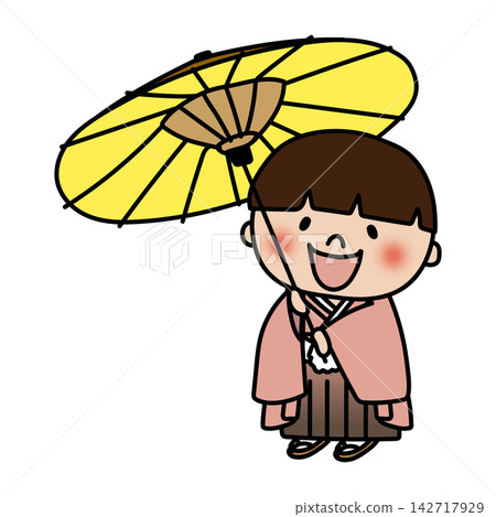 在七五三節期間,一位留著蘑菇頭、安靜的男孩撐著一把傳統的日本傘。 在七五三節期間,一位留著蘑菇頭、安靜的男孩撐著一把傳統的日本傘。 142717929