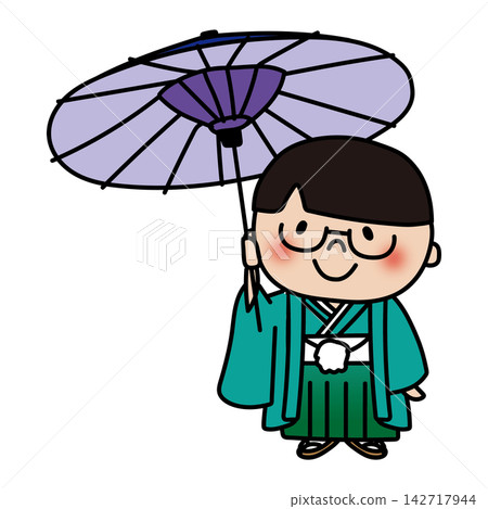 A boy with smooth hair, wearing glasses and holding a traditional Japanese umbrella during the Shichi-Go-San festival. A boy with smooth hair, wearing glasses and holding a traditional Japanese umbrella during the Shichi-Go-San festival. 142717944
