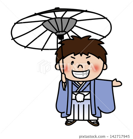 七五三節期間,一個活潑頑皮的男孩撐著一把傳統的日本傘。 七五三節期間,一個活潑頑皮的男孩撐著一把傳統的日本傘。 142717945