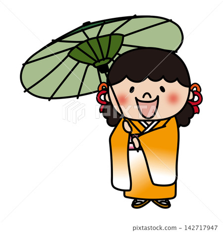 七五三節期間,一位有著蓬鬆捲髮的小女孩撐著一把傳統的日本傘。 七五三節期間,一位有著蓬鬆捲髮的小女孩撐著一把傳統的日本傘。 142717947