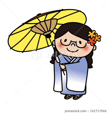 在七五三節期間，一位戴著眼鏡、梳著辮子的女孩拿著一把傳統的日本傘。 142717948