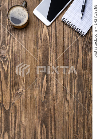 Morning Workspace Coffee Smartphone Wooden Desk Morning Workspace Coffee Smartphone Wooden Desk 142718269