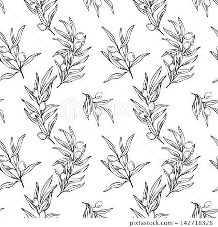 Seamless pattern. Sketch of olive branch with berries and leaves. Hand drawn vector line art illustration. Black and white drawing of the symbol of Italy or Greek for fabric, textile, wallpaper and Seamless pattern. Sketch of olive branch with berries and leaves. Hand drawn vector line art illustration. Black and white drawing of the symbol of Italy or Greek for fabric, textile, wallpaper and 142718328