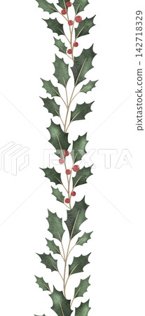 Christmas ilex branches with red berries. Seamless border with Emerald holly leaves. Botanical Winterberry. Hand painted watercolor illustration for wedding invitation, pack, Christmas card Christmas ilex branches with red berries. Seamless border with Emerald holly leaves. Botanical Winterberry. Hand painted watercolor illustration for wedding invitation, pack, Christmas card 142718329