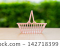 Pink shopping basket on a table, retail, consumer spending, and purchasing decisions. 142718399