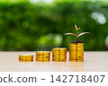 Growing plant on stack of gold coins with green background. 142718407