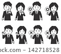 【圖示】【不同髮型】一男一女身穿象牙黑色西裝。正在看智慧型手機，比出「OK」手勢，顯示正確答案和錯誤答案。 142718528
