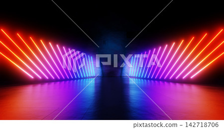 Futuristic 3D fashion show stage runway with diagonal glowing neon light lines on walls and floor reflection. Cyberpunk portal scene, red blue purple color illumination in dark hall. 3D illustration Futuristic 3D fashion show stage runway with diagonal glowing neon light lines on walls and floor reflection. Cyberpunk portal scene, red blue purple color illumination in dark hall. 3D illustration 142718706