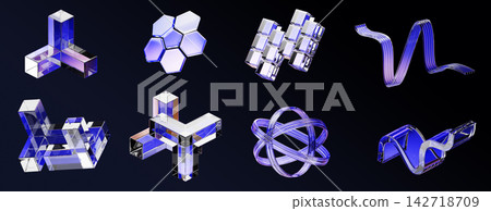 Futuristic glass geometric 3D elements. Abstract liquid figures render. Holographic cube blocks, wave ribbons, hexagon shield dome, tech sphere shape with neon purple blue gradient. 3D illustration Futuristic glass geometric 3D elements. Abstract liquid figures render. Holographic cube blocks, wave ribbons, hexagon shield dome, tech sphere shape with neon purple blue gradient. 3D illustration 142718709