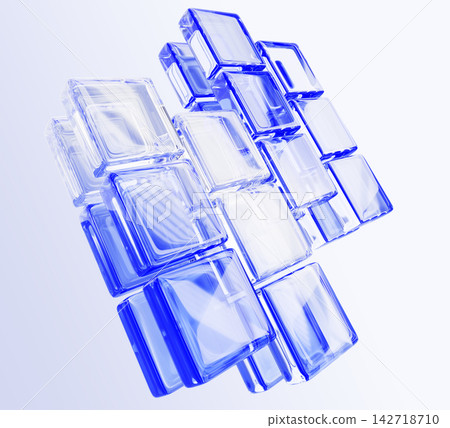 Abstract blue transparent glass blocks array grid floating on light background. 3D geometric square tiles structure, crystal cube stacks perspective for modern tech, data structure. 3D illustration Abstract blue transparent glass blocks array grid floating on light background. 3D geometric square tiles structure, crystal cube stacks perspective for modern tech, data structure. 3D illustration 142718710
