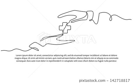 Single line hand with healthcare symbol. Minimalist continuous line. Single line hand with healthcare symbol. Minimalist continuous line. 142718817