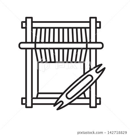 Detailed line art icon of a wooden frame loom with shuttle used for tapestry weaving. Detailed line art icon of a wooden frame loom with shuttle used for tapestry weaving. 142718829