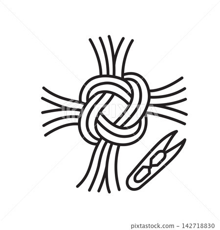 Minimalist line icon of a woven Celtic cord knot with a wooden clip for macrame crafting. Minimalist line icon of a woven Celtic cord knot with a wooden clip for macrame crafting. 142718830
