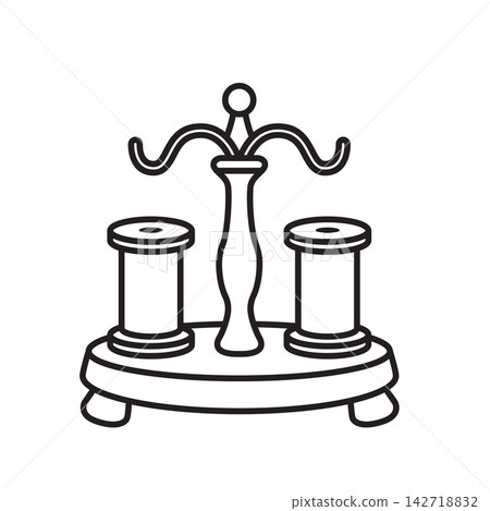 Detailed line icon of a wooden carousel stand holding thread spools and bobbins. Detailed line icon of a wooden carousel stand holding thread spools and bobbins. 142718832