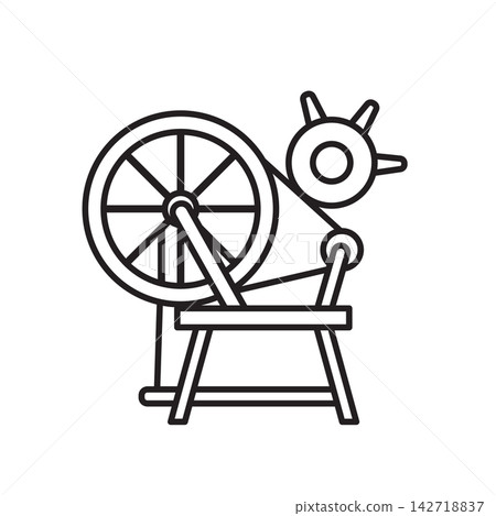 Detailed line art icon of a classic wooden spinning wheel for spinning yarn from raw fiber. 142718837