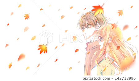 一男一女外出;秋葉;側視圖。 一男一女外出;秋葉;側視圖。 142718996