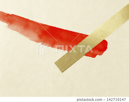 A graphical Japanese paper with a design of mizuhiki (decorative cord) in thick vermilion watercolor and gold straight lines in the upper left corner. A graphical Japanese paper with a design of mizuhiki (decorative cord) in thick vermilion watercolor and gold straight lines in the upper left corner. 142719147
