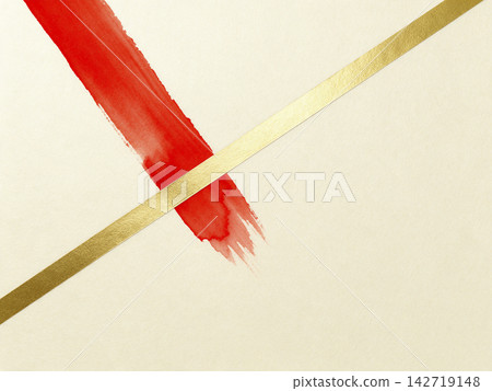 一張日本紙,左上角用濃重的朱紅色水彩畫著水引(裝飾繩)圖案,並以金色直線裝飾。 一張日本紙,左上角用濃重的朱紅色水彩畫著水引(裝飾繩)圖案,並以金色直線裝飾。 142719148