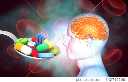 Man anatomy with spoon of medical pills Man anatomy with spoon of medical pills 142719208